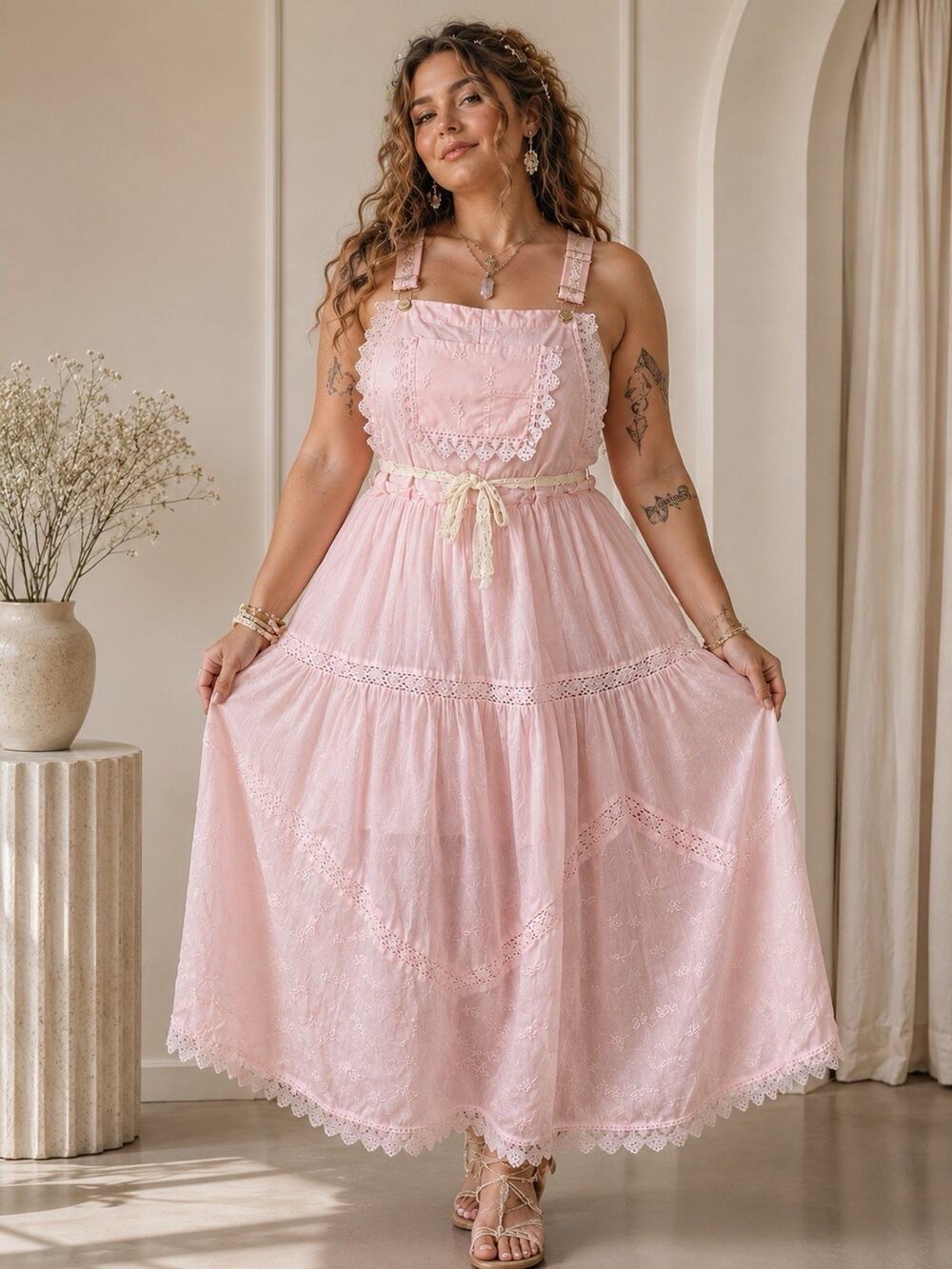Pink Cottagecore Lace Pinafore Dress Apron Jumper Prairie Fairycore L XL